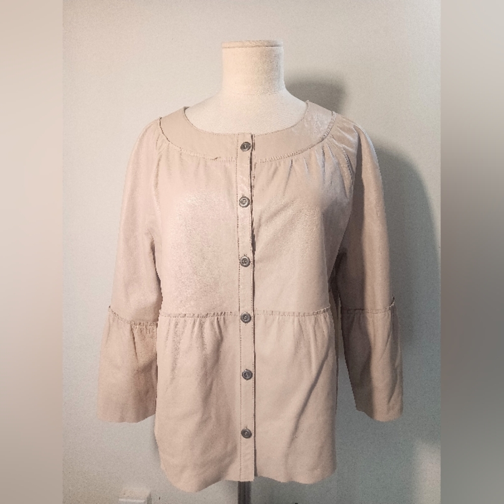 Arden B Womens Cream Soft Lamb Front Button Leather Jacket Size L